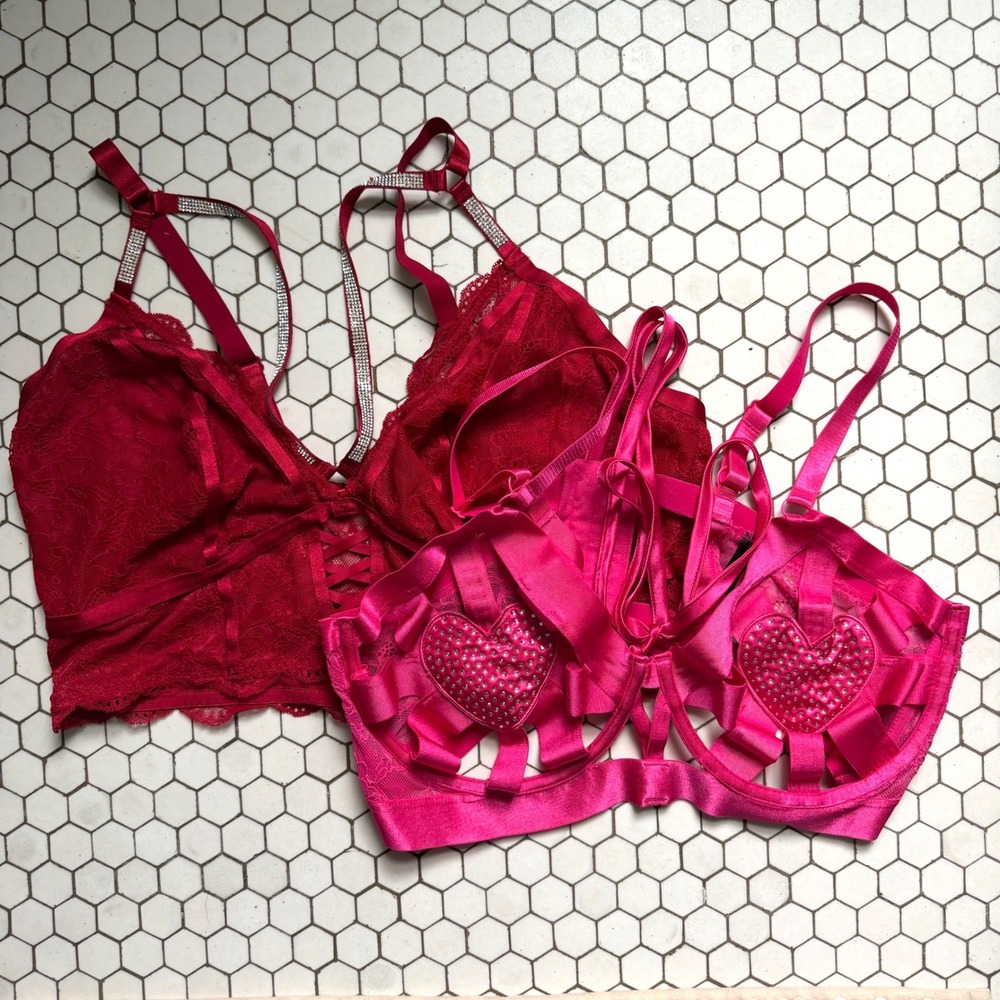 Torrid Bralette Bundle Red Lace Rhinestone Strap Pink Heart Cage Plus Size 2 2X